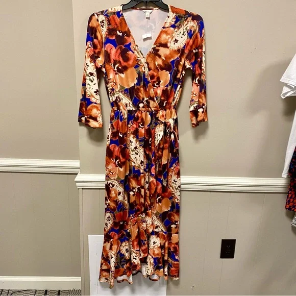 Cato | Dresses | Cato Tan Blue Pink Brown Sz Xs Paisley Wrap Look Dress Nwt  Long | Poshmark